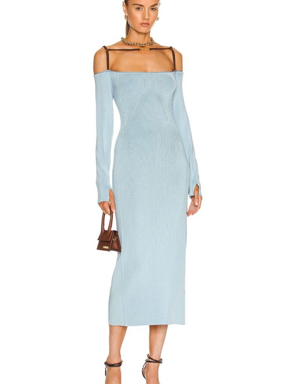 JACQUEMUS La Robe Sierra Ribbed Knit Midi Dress | Size 36 | Light Blue